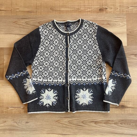 Embroidered Snowflake Holiday Cardigan Sweater VTG Button Ramie SML Sport Size L - Picture 1 of 6